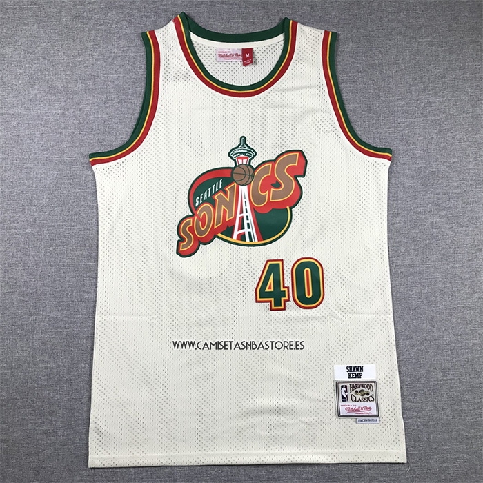 Shawn Kemp NO 40 Camiseta Seattle SuperSonics Mitchell & Ness Chainstitch Crema